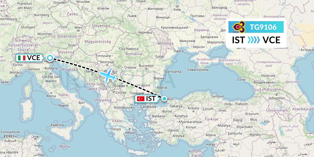 TG9106 Thai Airways Flight Map: Istanbul to Venice