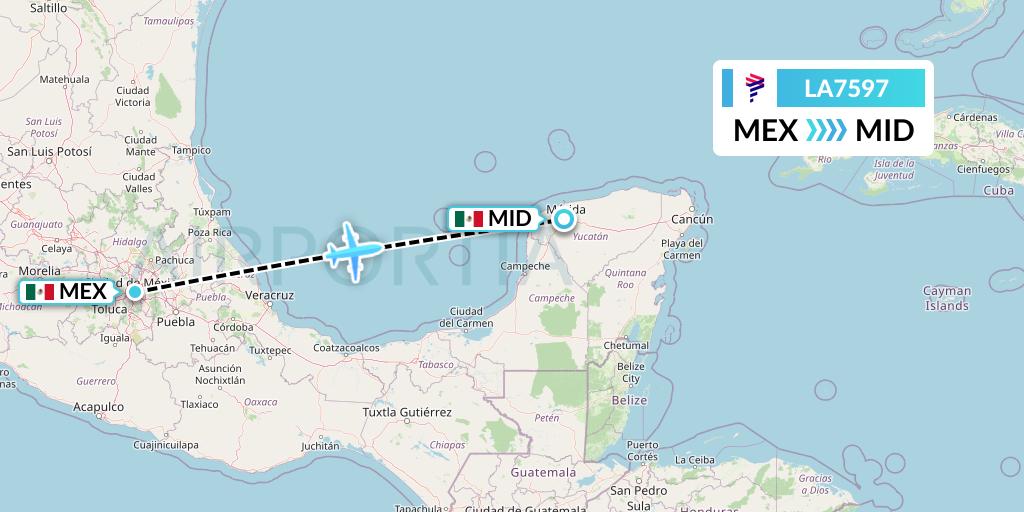 LA7597 LATAM Airlines Flight Map: Mexico City to Merida