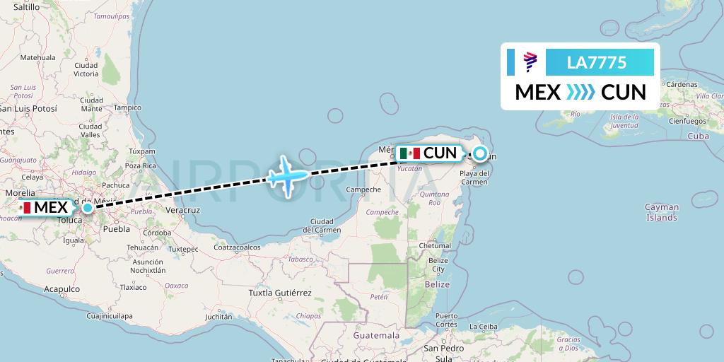 LA7775 LAN Airlines Flight Map: Mexico City to Cancun