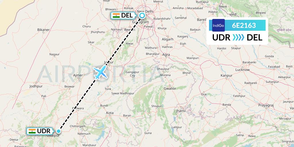 6E2163 IndiGo Airlines Flight Map: Udaipur to Delhi