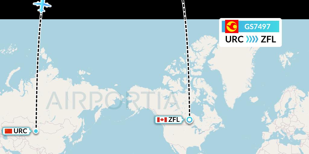GS7497 Tianjin Airlines Flight Map: Urumqi to South Trout Lake