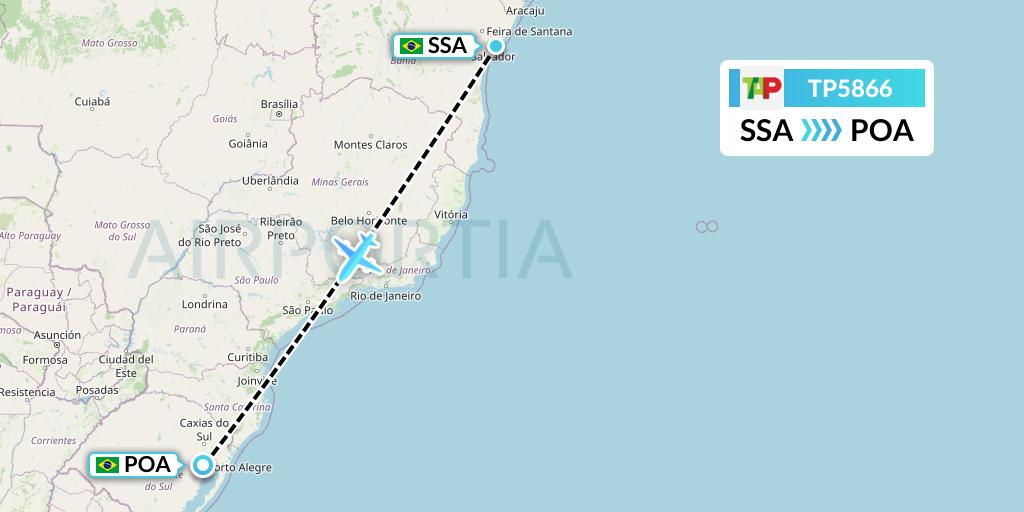 TP5866 TAP Portugal Flight Map: Salvador to Porto Alegre