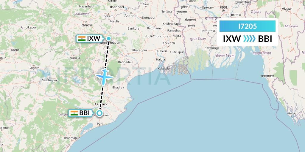 I7205 Indiaone Air Flight Map: India to Bhubaneswar