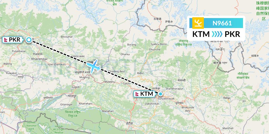 N9661 Shree Airlines Flight Map: Kathmandu to Pokhara