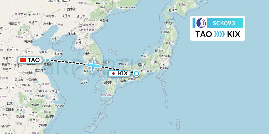 SC4093 Shandong Airlines Flight Map: Qingdao to Osaka