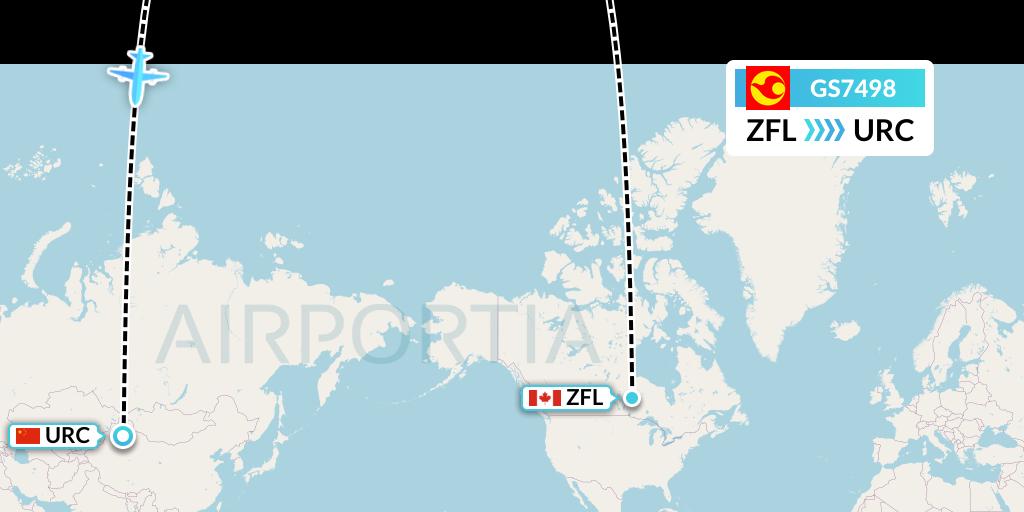 GS7498 Tianjin Airlines Flight Map: South Trout Lake to Urumqi