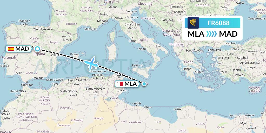 FR6088 Ryanair Flight Map: Malta to Madrid