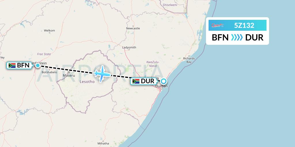 5Z132 CemAir Flight Map: Bloemfontein to Durban