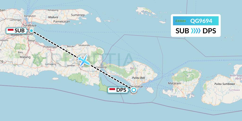 QG9694 Citilink Flight Map: Surabaya to Denpasar