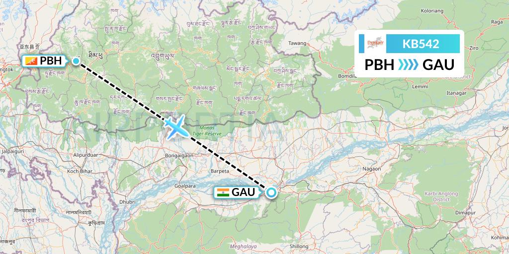 KB542 Druk Air Flight Map: Paro to Guwahati