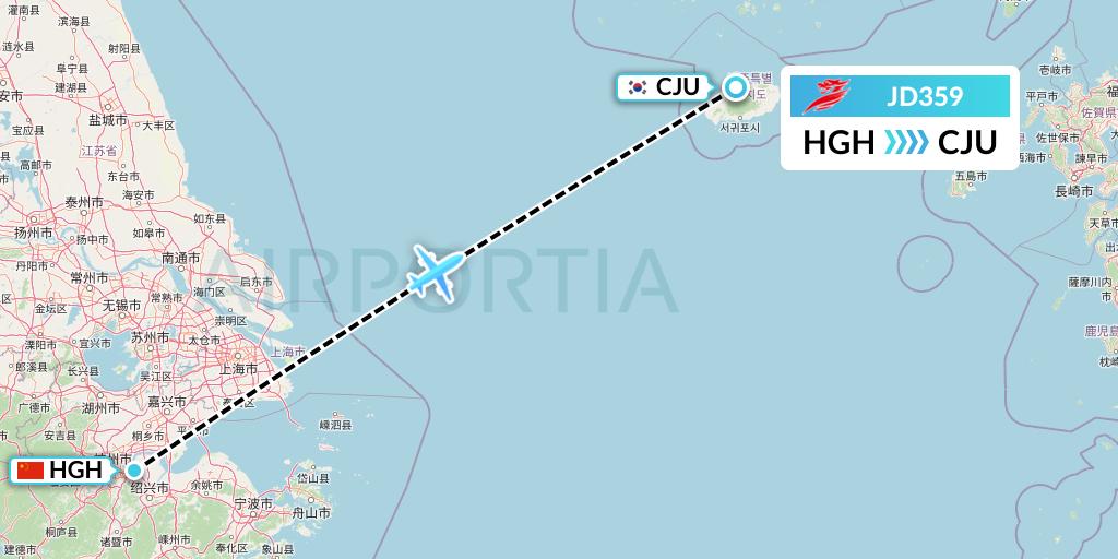 JD359 Capital Airlines Flight Map: Hangzhou to Jeju