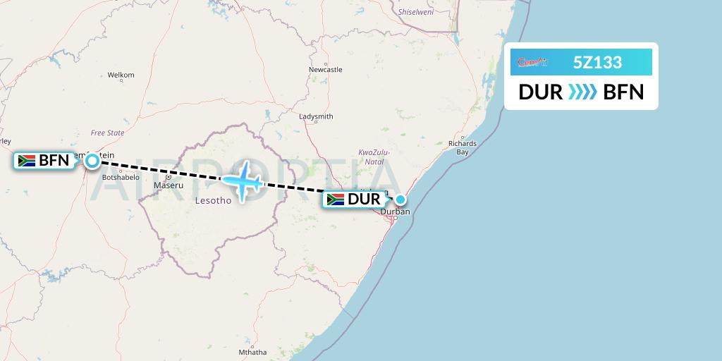 5Z133 CemAir Flight Map: Durban to Bloemfontein