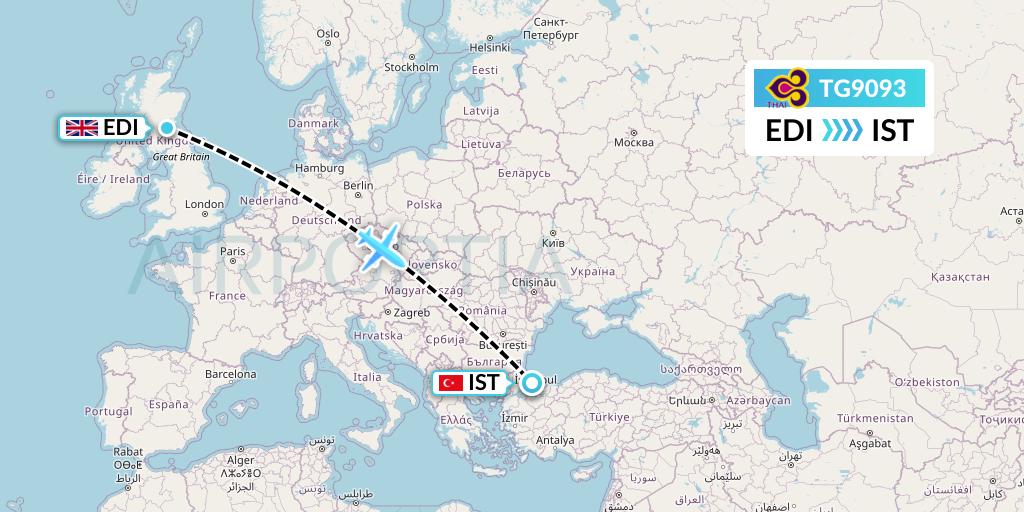 TG9093 Thai Airways Flight Map: Edinburgh to Istanbul