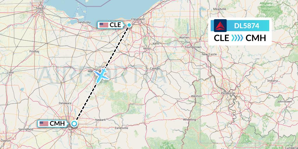 DL5874 Delta Air Lines Flight Map: Cleveland to Columbus