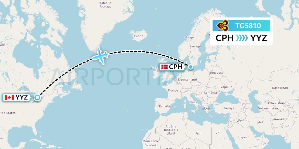 TG5810 Thai Airways Flight Map: Copenhagen to Toronto