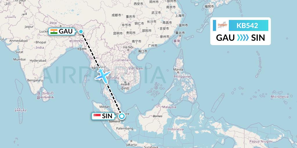 KB542 Druk Air Flight Map: Guwahati to Singapore