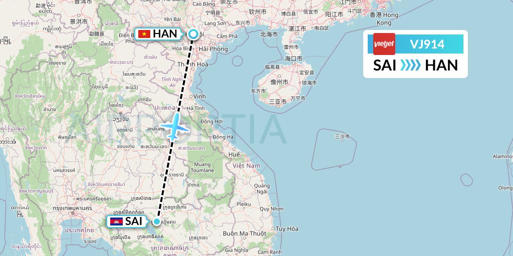 VJ914 VietJet Air Flight Map: Siem Reap to Hanoi