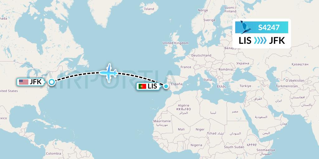 S4247 Azores Airlines Flight Map: Lisbon to New York