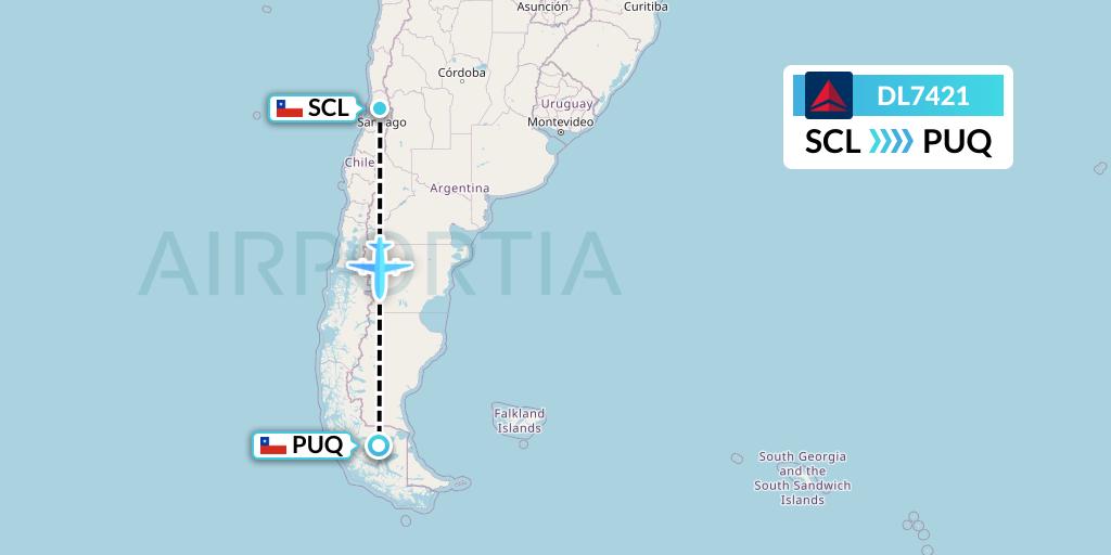 DL7421 Delta Air Lines Flight Map: Santiago to Punta Arenas