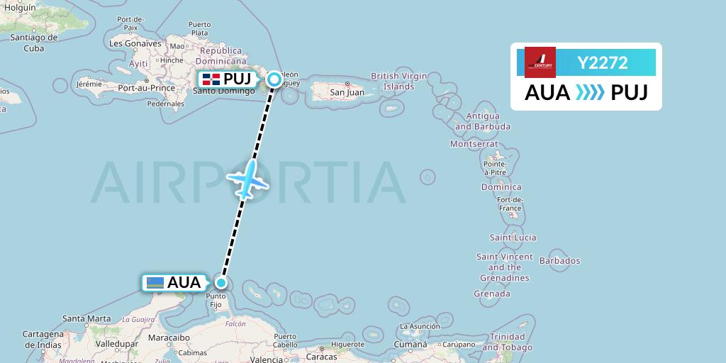 Y2272 Air Century Flight Map: Oranjestad to Punta Cana