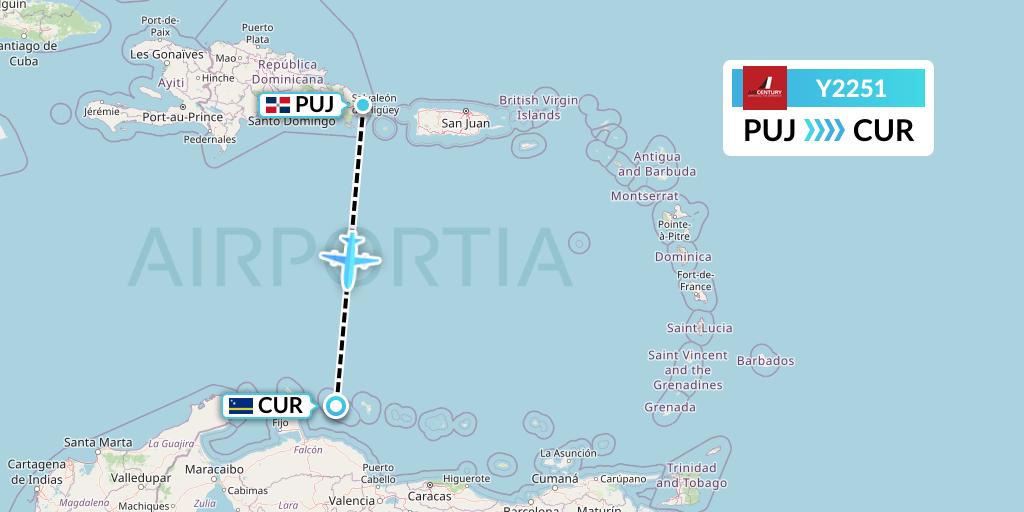 Y2251 Air Century Flight Map: Punta Cana to Willemstad