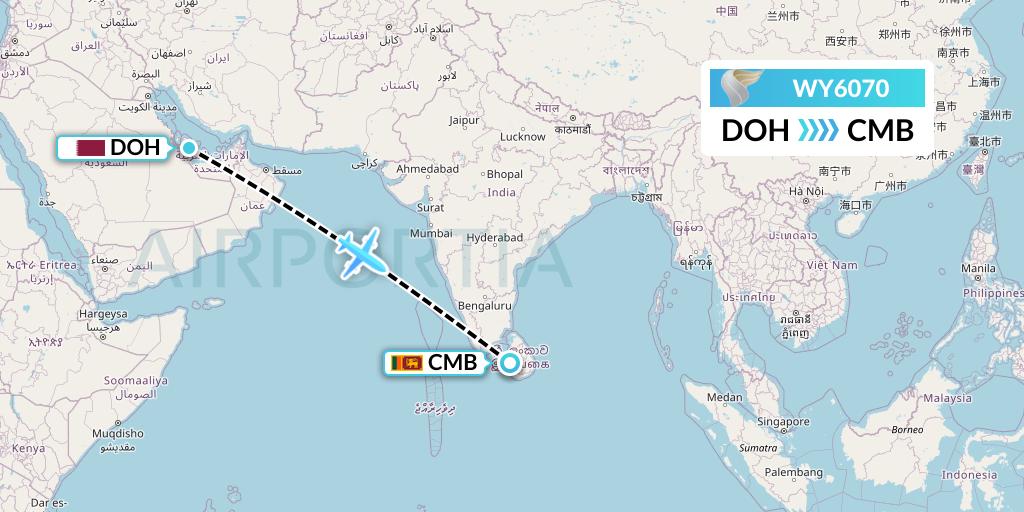 WY6070 Oman Air Flight Map: Doha to Colombo