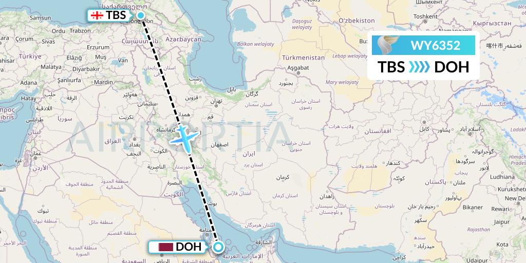 WY6352 Oman Air Flight Map: Tbilisi to Doha