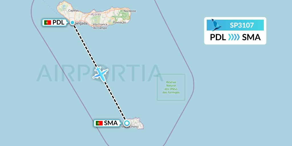 SP3107 SATA Air Acores Flight Map: Ponta Delgada to Santa Maria