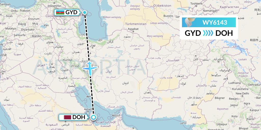 WY6143 Oman Air Flight Map: Baku to Doha