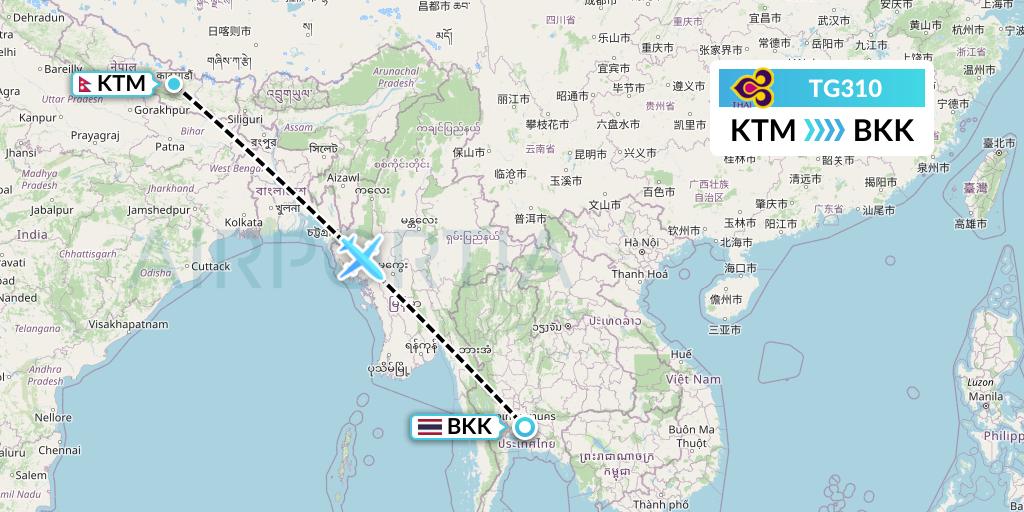 TG310 Thai Airways Flight Map: Kathmandu to Bangkok