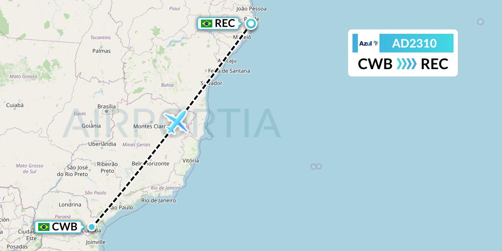 AD2310 Azul Brazilian Airlines Flight Map: Curitiba to Recife