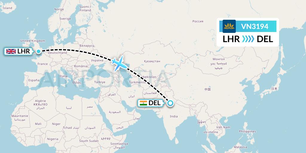 VN3194 Vietnam Airlines Flight Map: London to Delhi