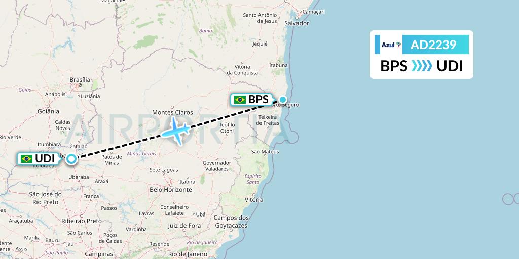 AD2239 Azul Brazilian Airlines Flight Map: Porto Seguro to Uberlandia