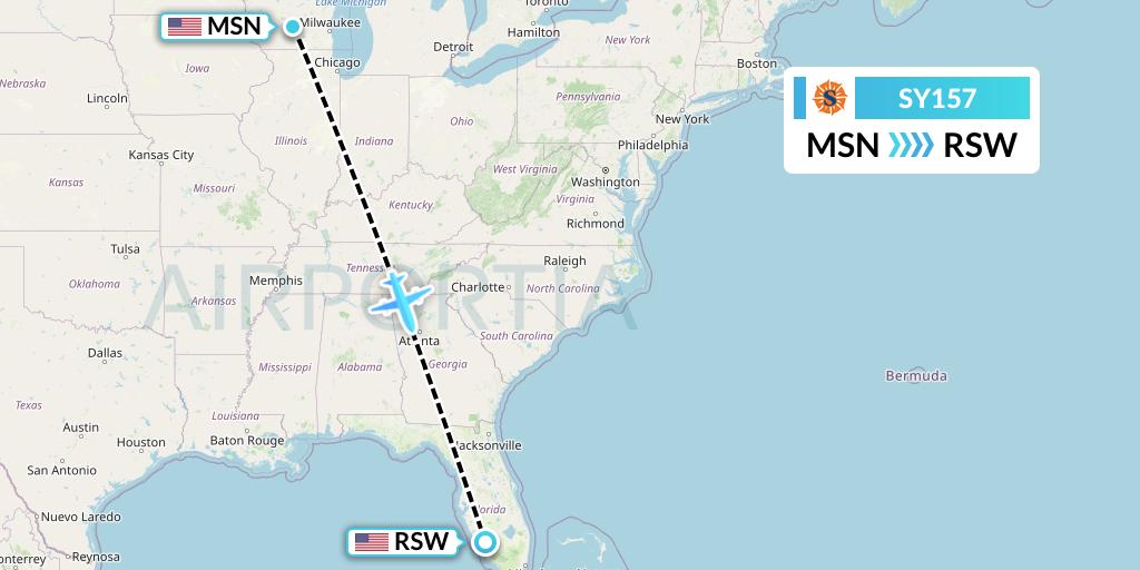 SY157 Sun Country Airlines Flight Map: Madison to Fort Myers