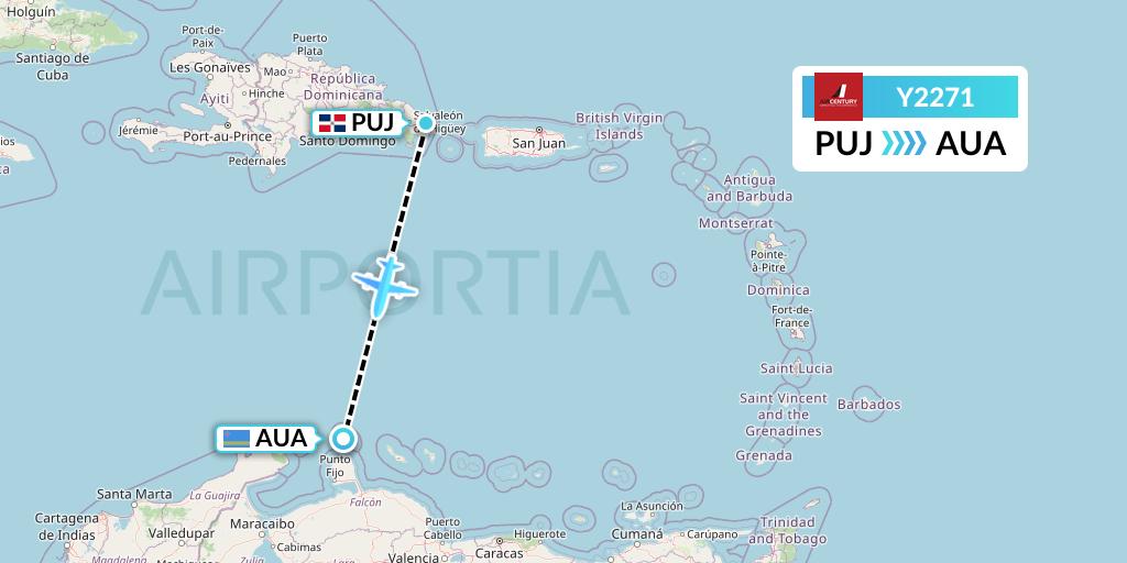 Y2271 Air Century Flight Map: Punta Cana to Oranjestad