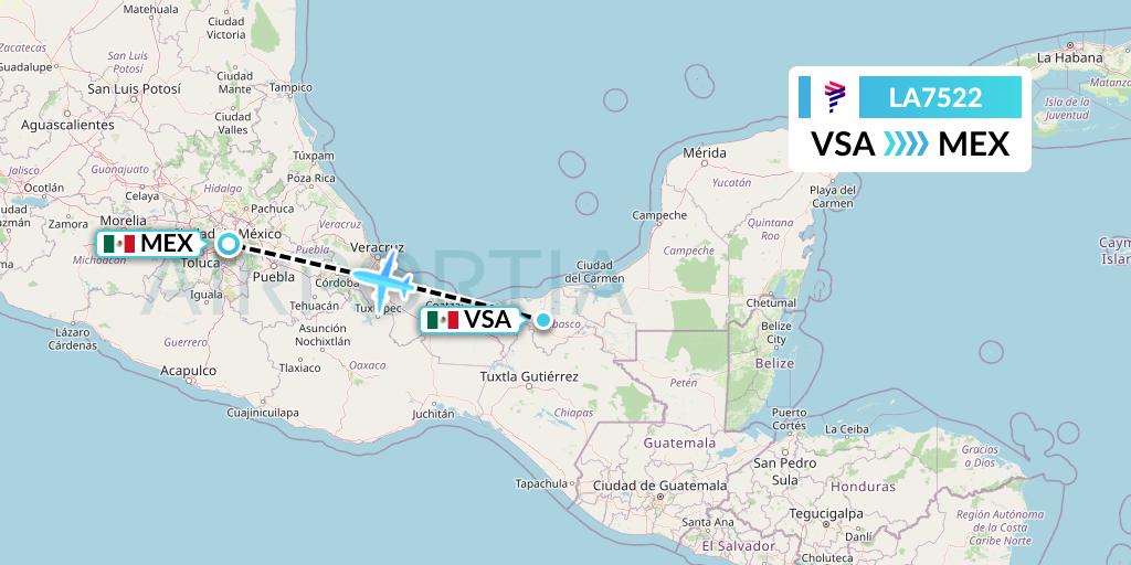 LA7522 LAN Airlines Flight Map: Villahermosa to Mexico City