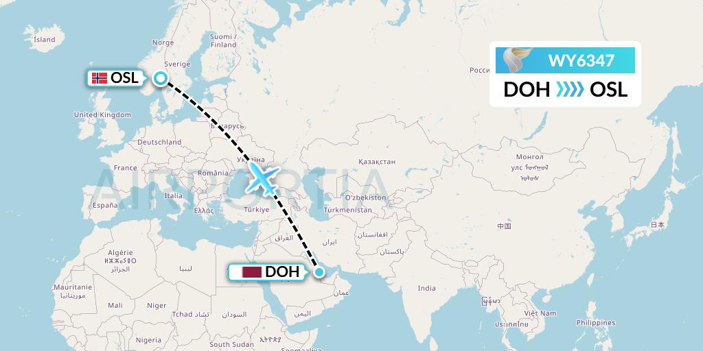 WY6347 Oman Air Flight Map: Doha to Oslo
