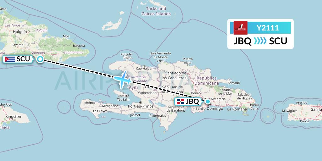 Y2111 Air Century Flight Map: Santo Domingo to Santiago de Cuba