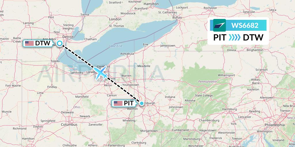 WS6682 WestJet Flight Map: Pittsburgh to Detroit