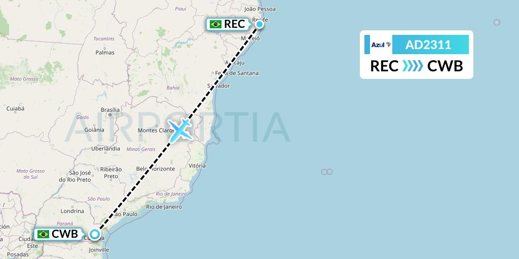 AD2311 Azul Brazilian Airlines Flight Map: Recife to Curitiba