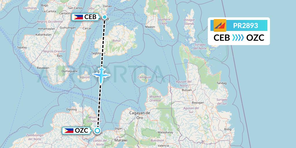 PR2893 Philippine Airlines Flight Map: Cebu to Ozamiz