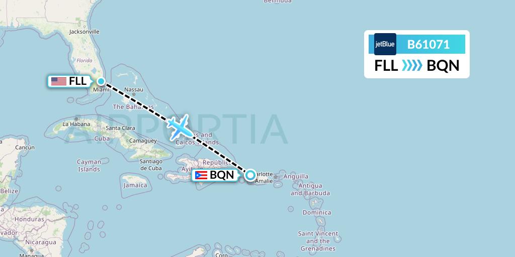 B61071 JetBlue Airways Flight Map: Fort Lauderdale to Aguadilla