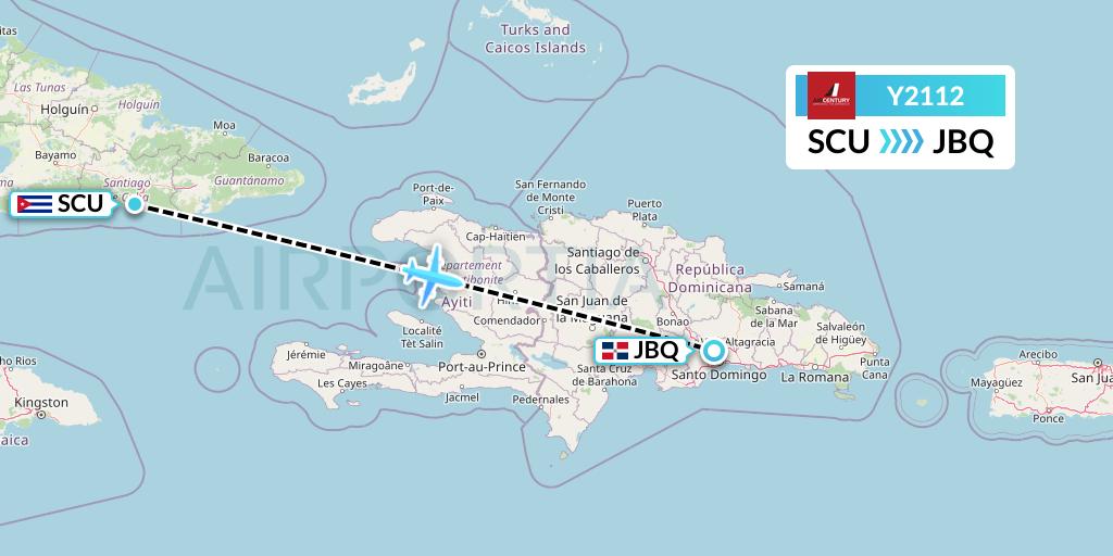 Y2112 Air Century Flight Map: Santiago de Cuba to Santo Domingo