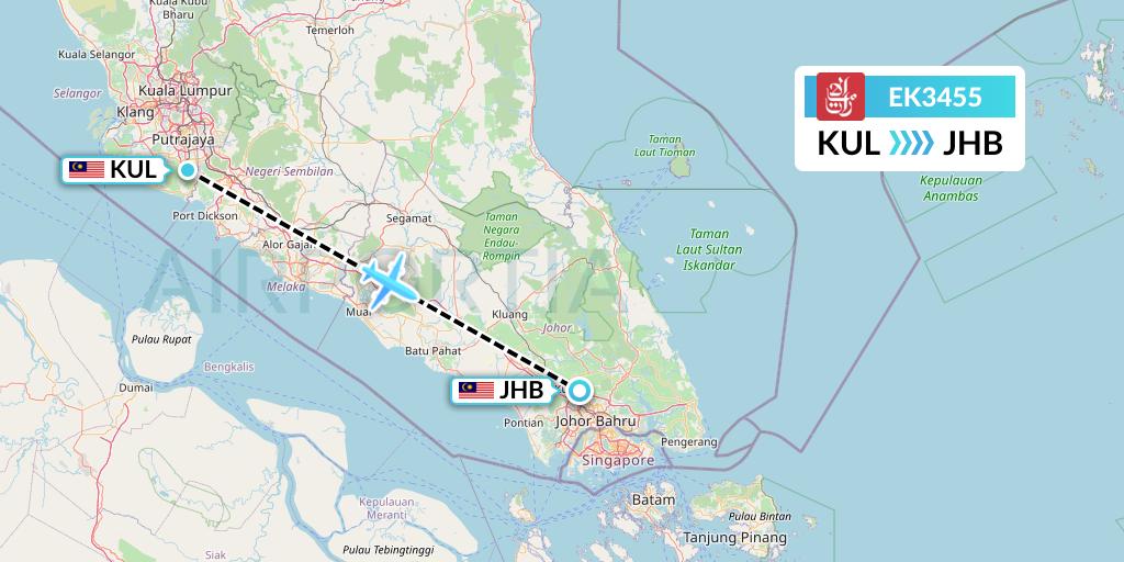EK3455 Emirates Flight Map: Kuala Lumpur to Johor Bahru