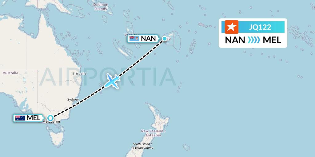JQ122 Jetstar Airways Flight Map: Nadi to Melbourne