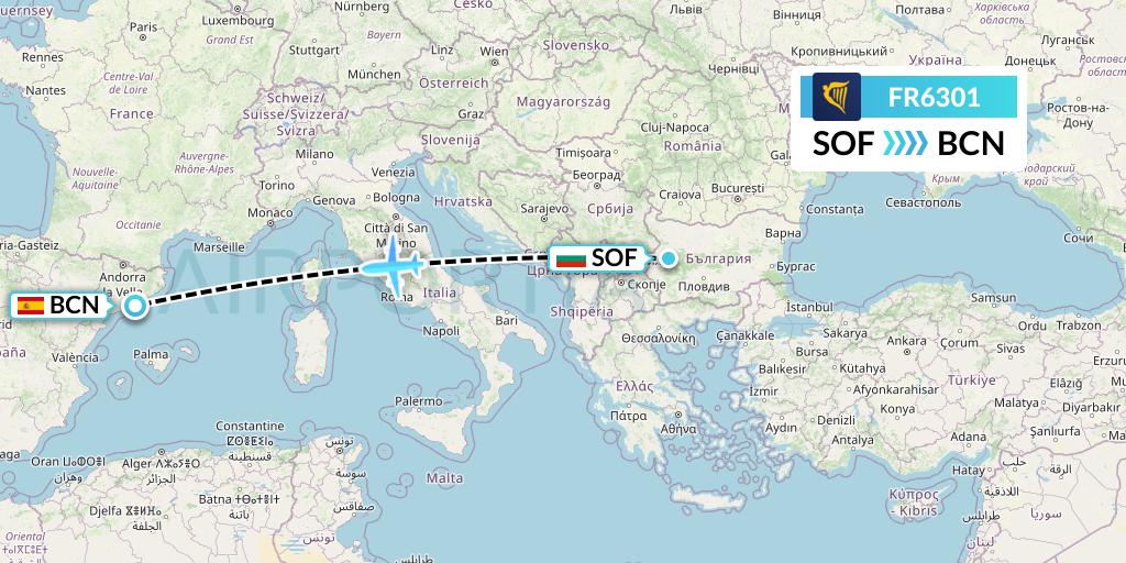 FR6301 Ryanair Flight Map: Sofia to Barcelona