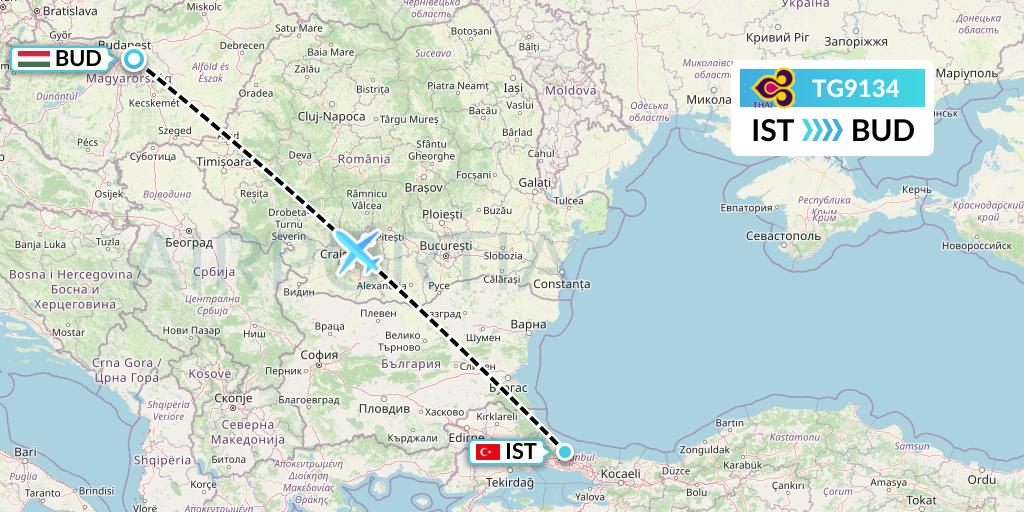 TG9134 Thai Airways Flight Map: Istanbul to Budapest