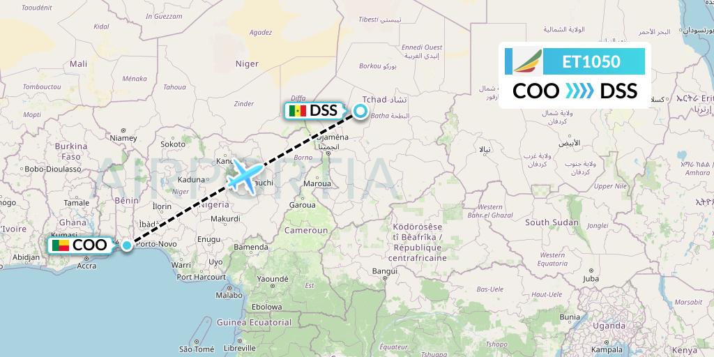 ET1050 Ethiopian Airlines Flight Map: Cotonou to Dakar