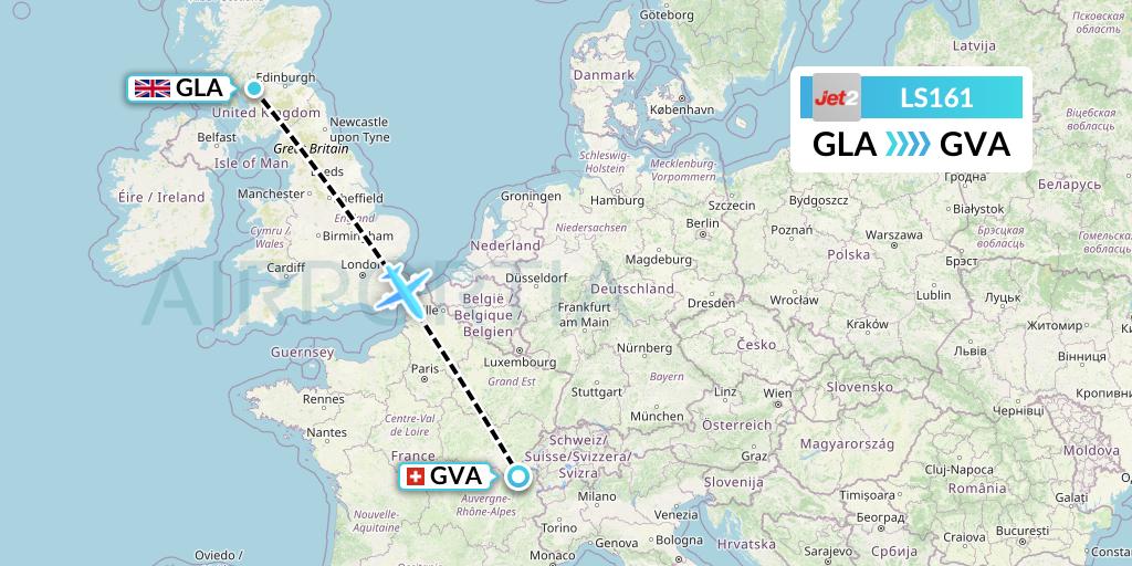 LS161 Jet2 Flight Map: Glasgow to Geneva