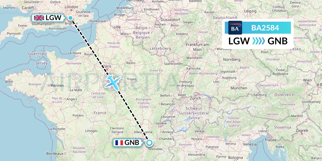 BA2584 British Airways Flight Map: London to Grenoble